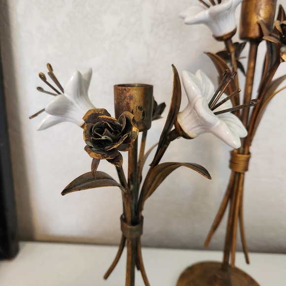 Vintage Brass & Porcelain Hollywood Regency Ceramic Candlestick Holder Set - Picture 3 of 7